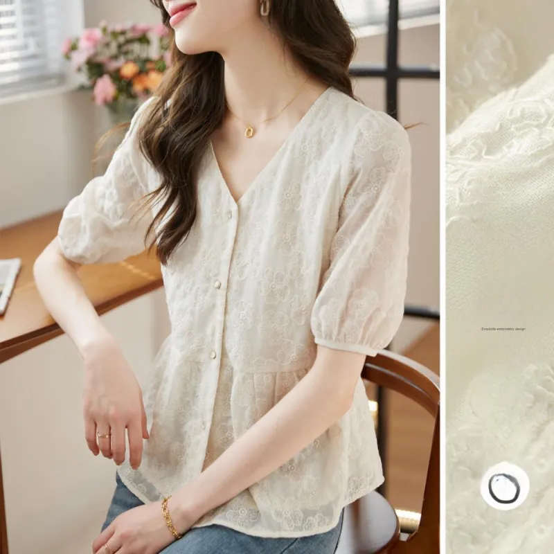 Still Quiet Sheer V Neck Refined Embroidery Shirt Women's-1