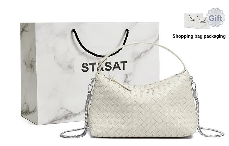 ST&SAT Cow Leather Shoulder Bag Crossbody Bag Handbag Woven Bag Large Size Women's Ecru