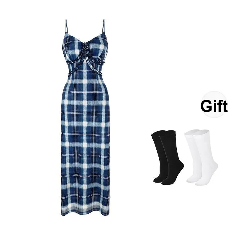 BSEVENI Slip Dress Women's Blue Plaid Dress