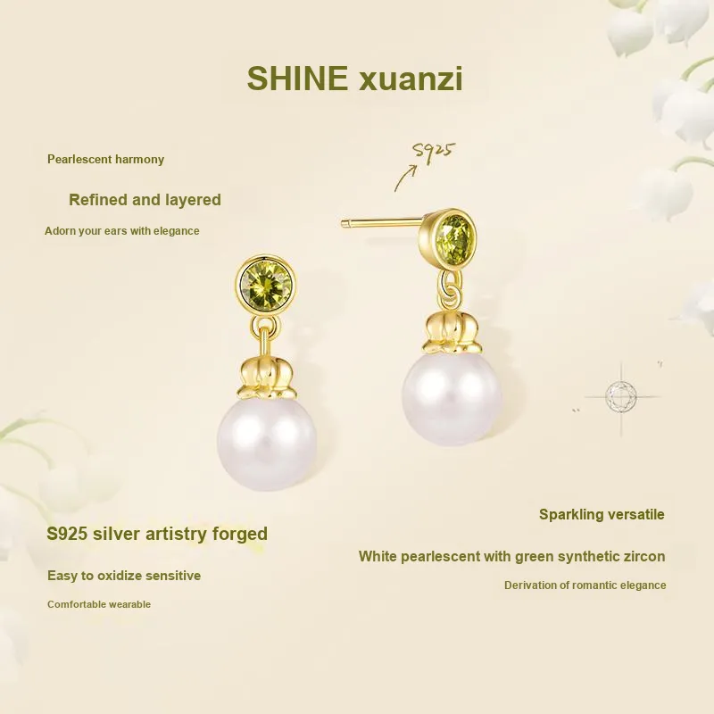 SHINE S925 Silver, Zircon, Shell Pearl Hoop Earrings Women's-5