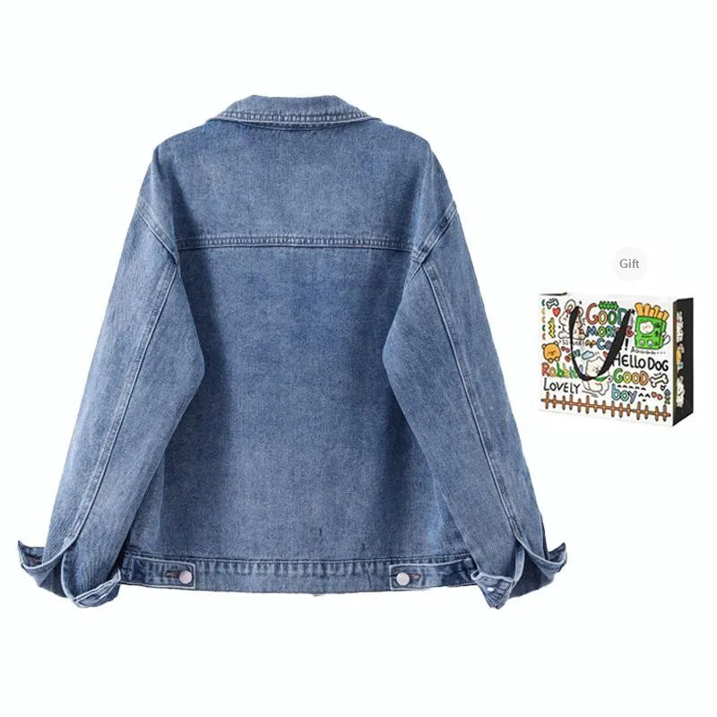 OURUOKE Denim Jacket Women's Blue Shopping Bag Included-1