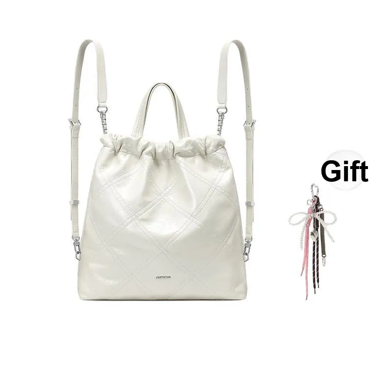 JUST STAR Waxed Leather Backpack Laptop Bag Tubas Women's White/Black/Pink