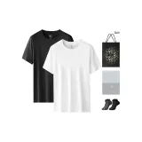 Crew Neck 2 Pack (White+Black) with 2 Pack Cotton Socks+Shopping Bag