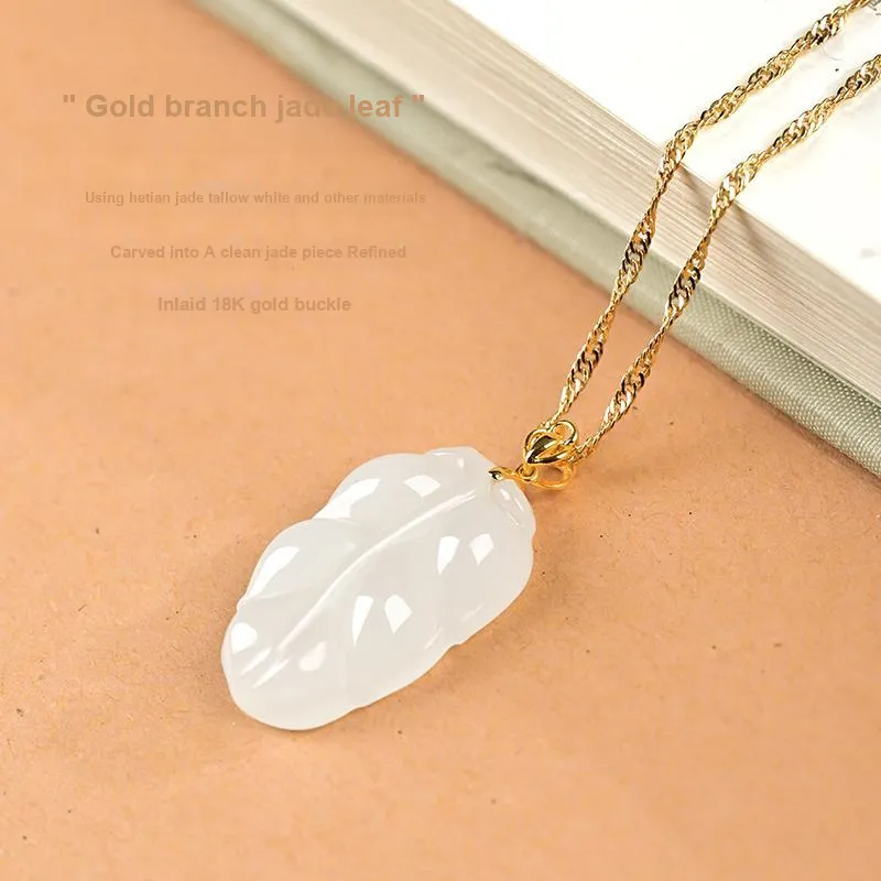 KUNYUYAO 18K Gold Inlaid Leaf Pendant Jade Pendant White Jade Unisex-15