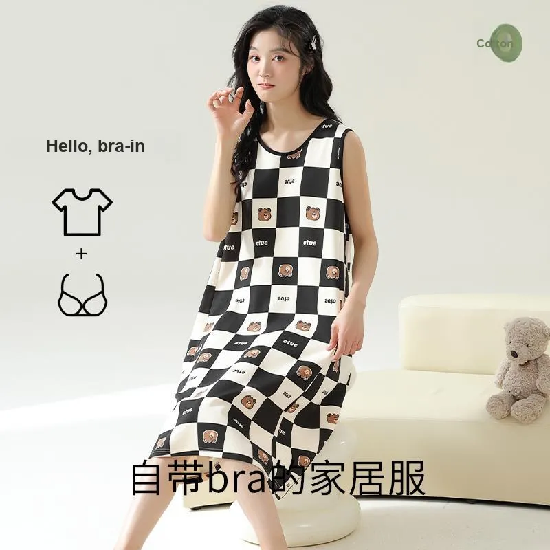 BONAS Nightgown Women's Black White Plaid-1