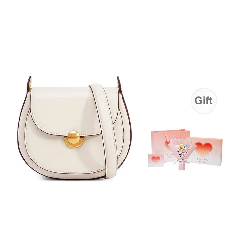 Marino Orlandi Split Cow Leather With Synthetic Leather Saddle Bag, Crossbody Bag, Shoulder Bag Women's White/Coffee-24