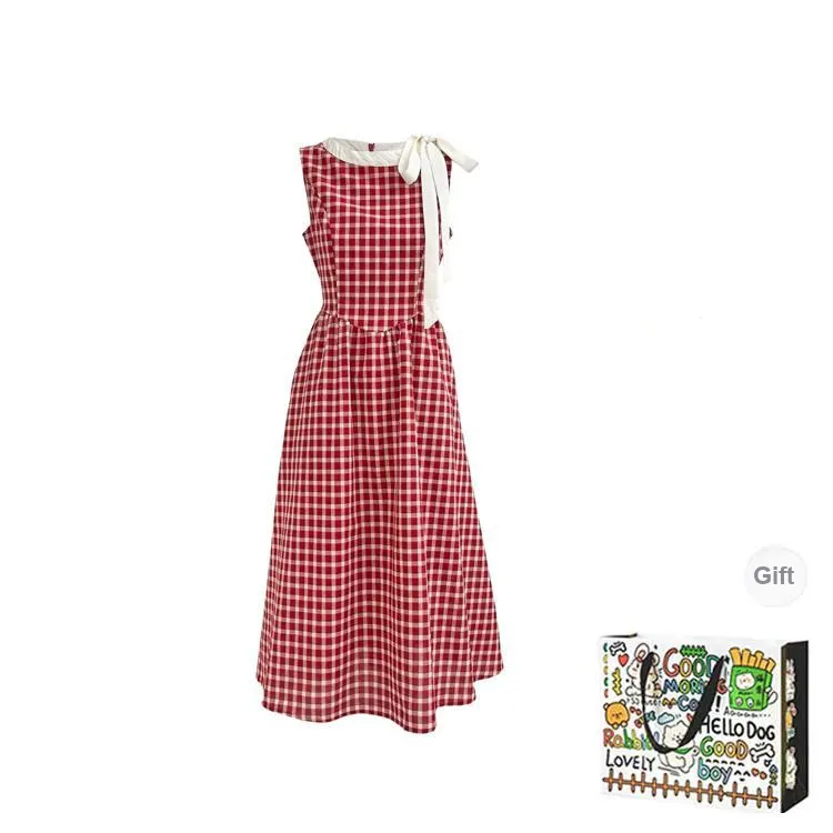 BVODE Sleeveless Dresses Women's Red Plaid Dress Shopping Bag-0