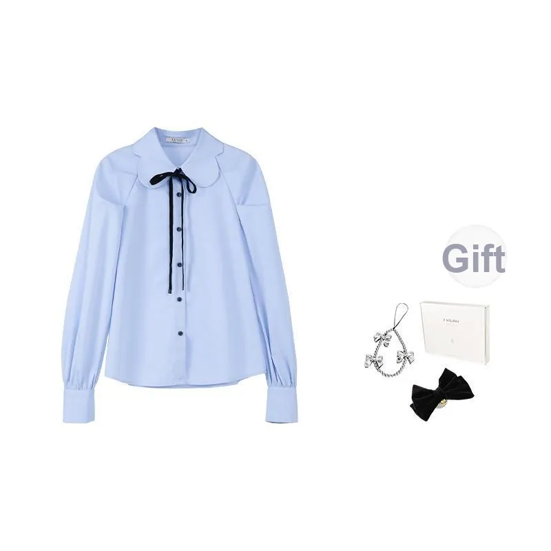 Fstudio Осенний Корейский стиль Уменьшающий Возраст Воротник Питера Пэна Сладкий стиль Рукав-буф Длинный Sleeved Рубашка Женские