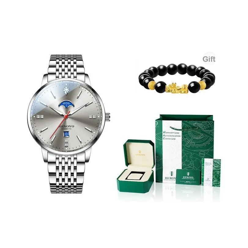 RENOVO Автоматический Механический Механизм Нержавеющая Сталь Ремешок Часы Мужские Серый Циферблат