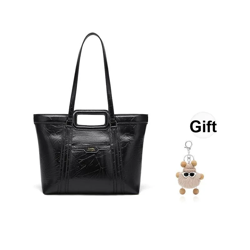 CNOLES Hand Grab Texture Shinny PU Leather Tote Bag, Shopping Bag, Shoulder Bag Regular Extra Large Women's Black