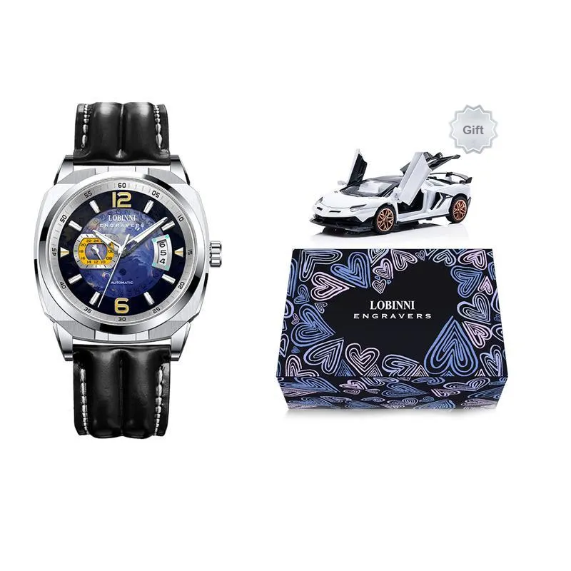 LOBINNI L Automatic Mechanical Movement Genuine Leather Strap Watch Men's Watches Blue Dial-5