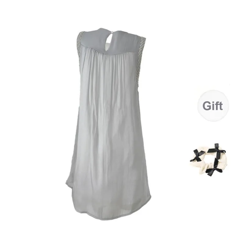 XUOIZA Sleeveless Dress Women's Shimmering Blue+Bowknot Hair Tie Comes With-1