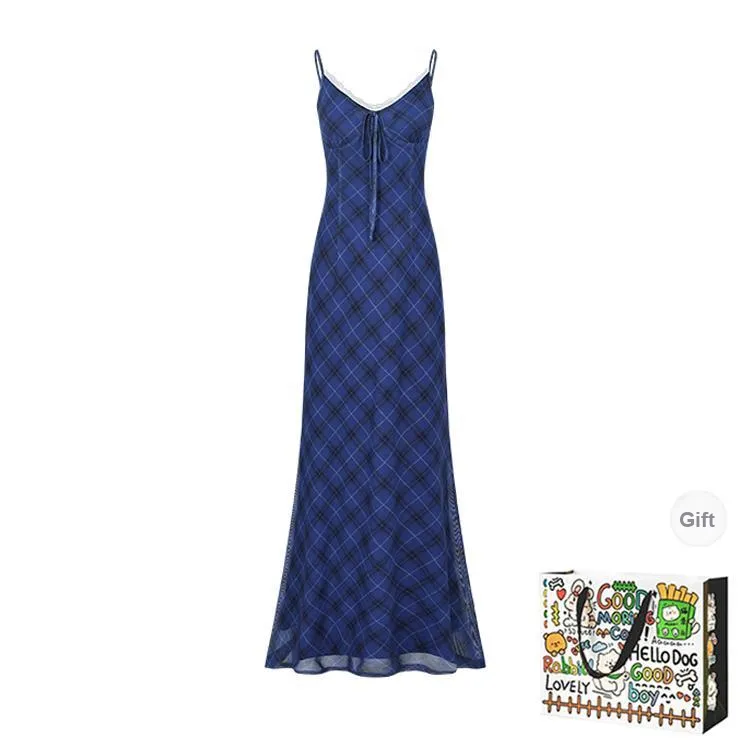 HAPG Slip Dresses Women's Blue Plaid-0