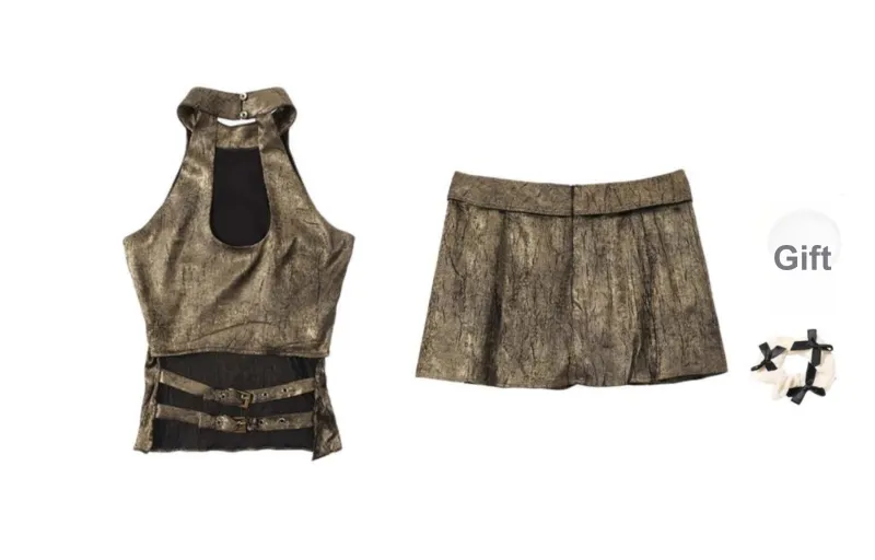 TURN UP Skirt Set Women's Set Vintage Gold Two Piece Set+Bowknot Hair Tie Comes With-1