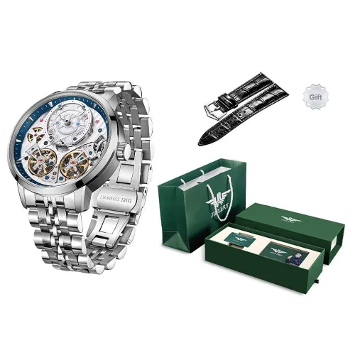 JINLERY Double Fly Reel Collection Automatic Mechanical Movement Watch Men
s Watches Silver Dial