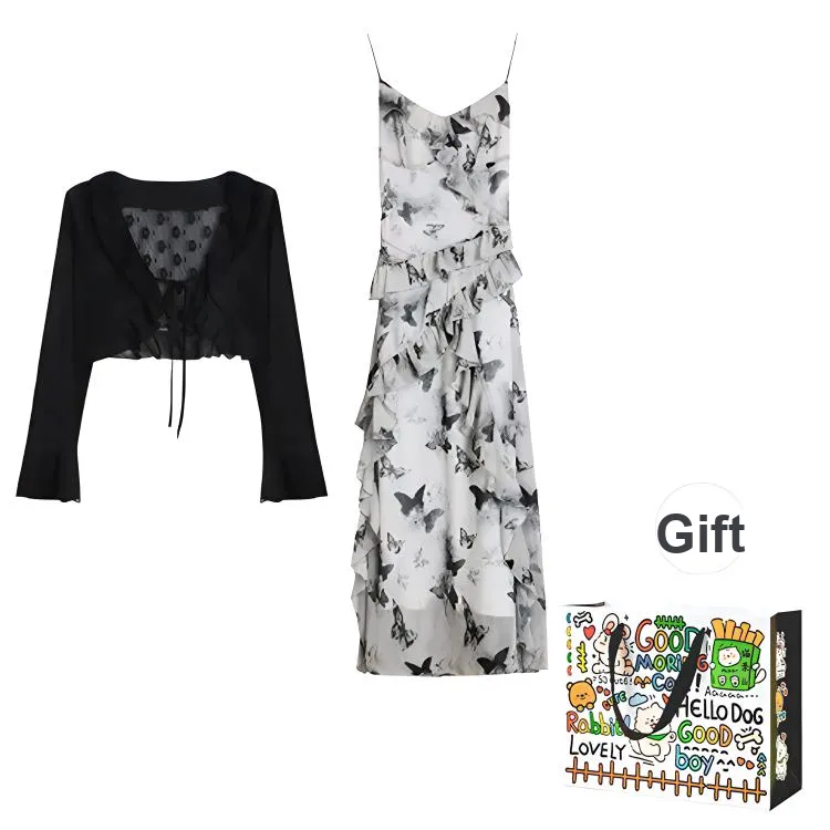 OURUOKE Two Piece Skirt Sets Women's Black Cardigan+Dress