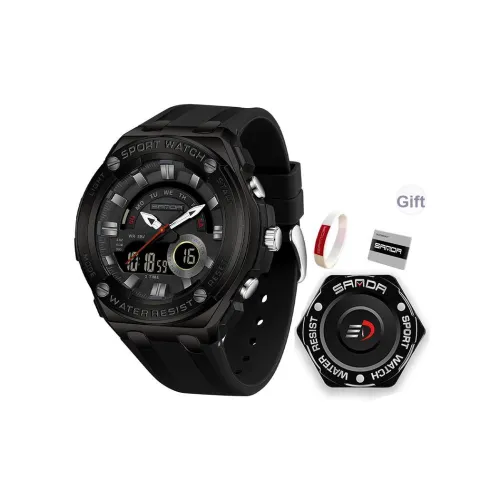 Sanda Электронный + Кварцевый механизм Силиконовый ремешок Часы Мужские Черный циферблат