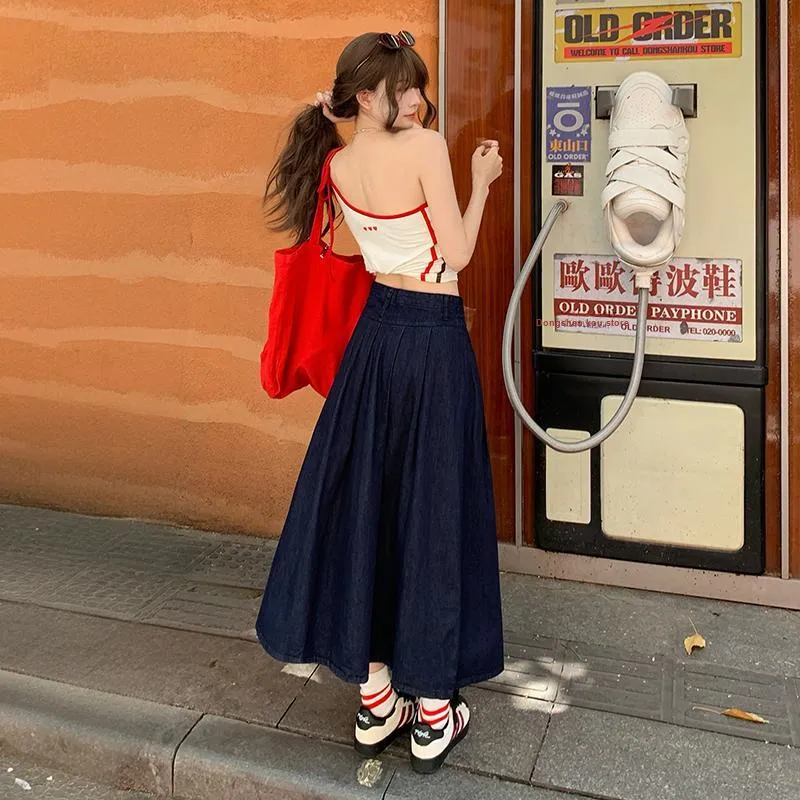 ZAZN Denim Long Skirts Women's Navy Blue-6
