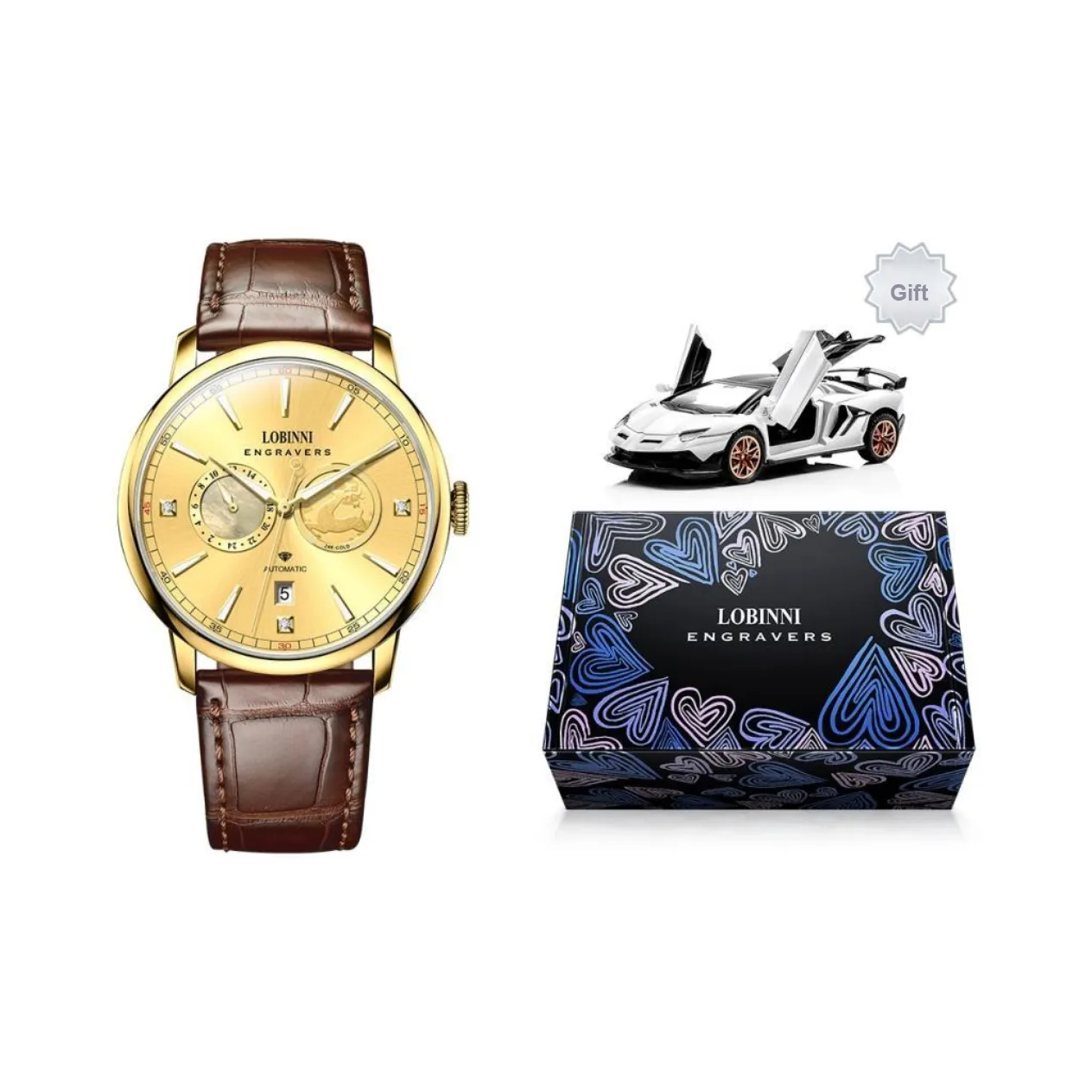 LOBINNI L Affordable Luxury Men's Watch Mechanical Movement Cow Leather Strap Watch Men's Watches Gold Dial