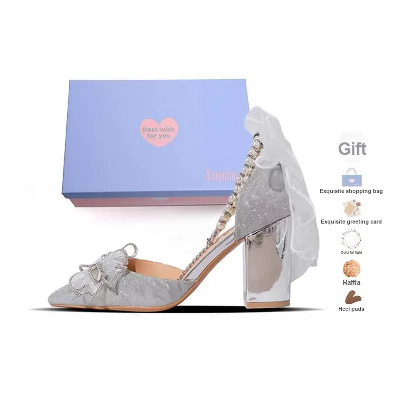 Xingdiman Chunky Heel High Heels 8cm Women's Silver [ Gift Box Set ]
