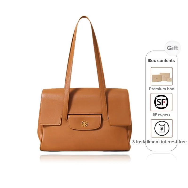 BAGTREE Vegetable Tanned Genuine Leather Dolphin Portable Tote Shoulder Bag Medium Size Women's Caramel