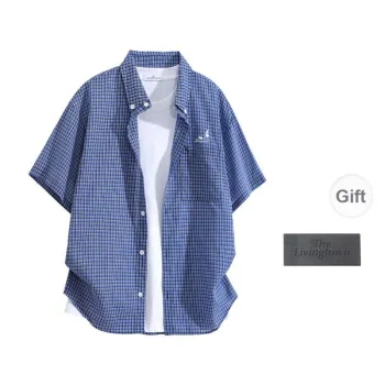 LIVINGTOWN Shirts Unisex Blue Plaid+Detachable Black Brooch