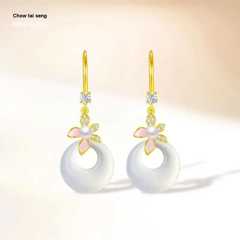 CHOW TAI SENG Chalcedony White Chinese Style Floral Hoop Earrings Women's-6