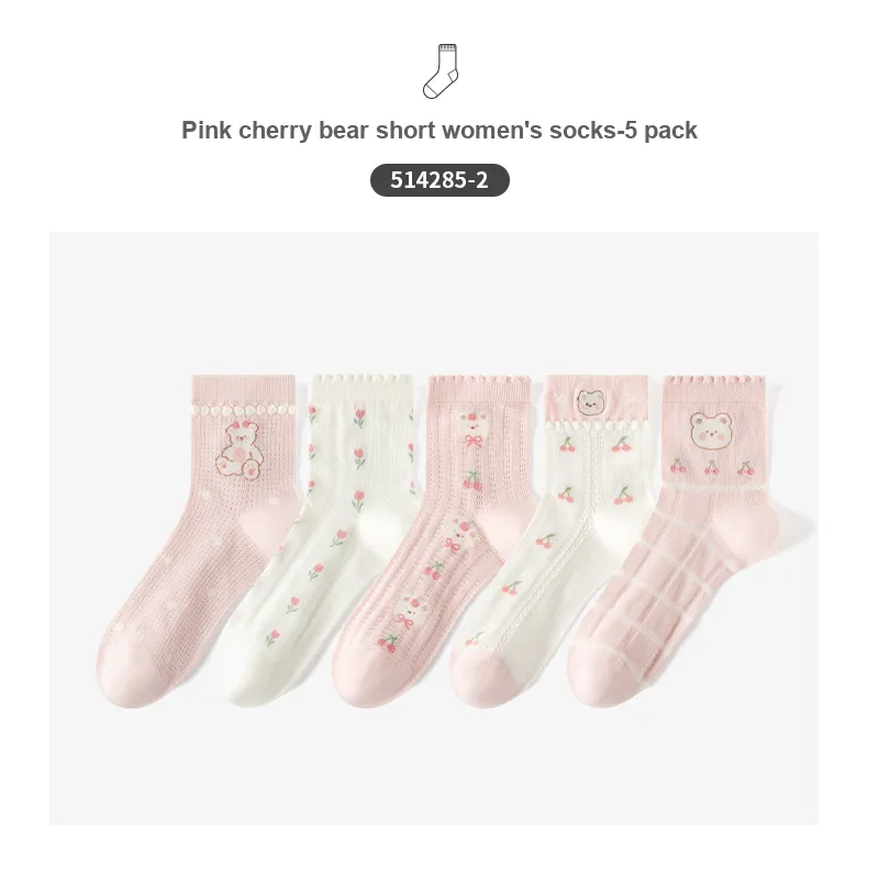 Caramella Mid Calf Socks Women's 5 Pack Pink Cherry Bear-4
