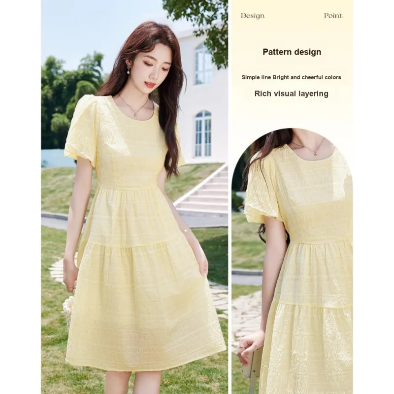 Like The Age Of Water Short Sleeved Dress Slim Fit Women's Yellow-2