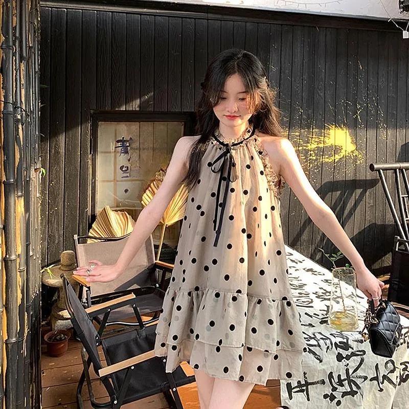 XIAOJUCHUANLI Sleeveless Dress Women's Polka Dot Brown-5