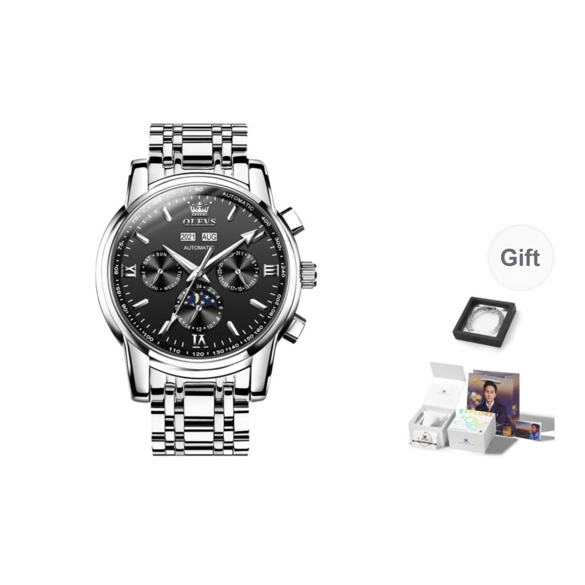 OLEVS Mechanical Movement Stainless Steel Watchband Watch Men's Watches Black Dial