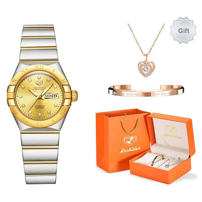 Jin Shi Dun Radiant Diamond Box Mechanical Movement Stainless Steel Watchband Watch Women's Watch White Dial-5