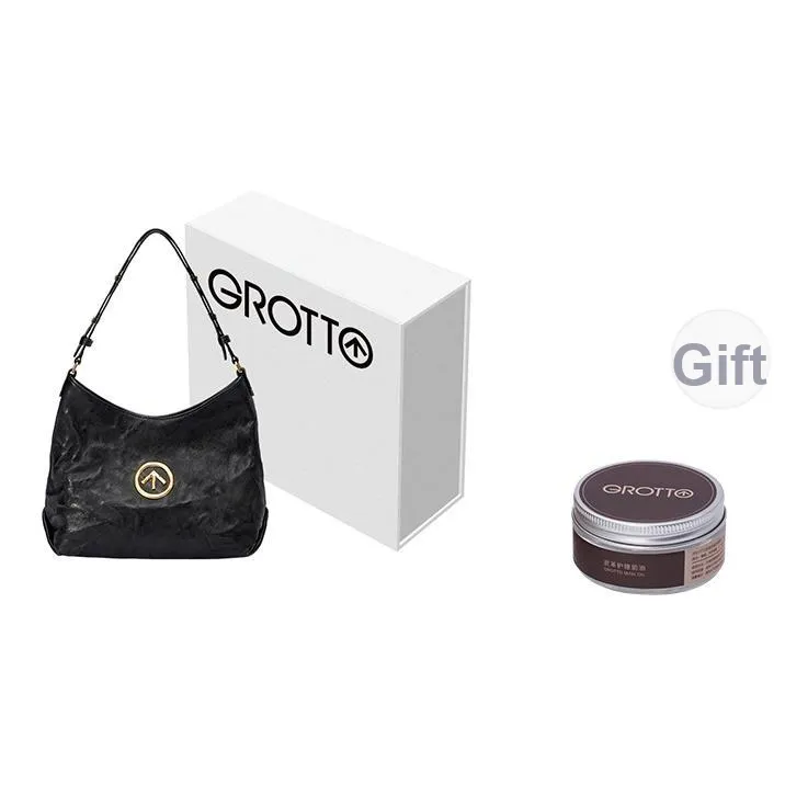 GROTTO Hobo Series Vegetable Tanned Pleated Sheepskin HOBO Bag Crossbody Handbag, Shoulder Bag, Soft Bag Unisex Black