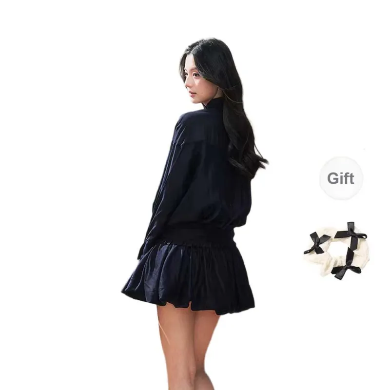 XUOIZA Long Sleeved Dress Women's Dark Blue+Bowknot Hair Tie Comes With-1
