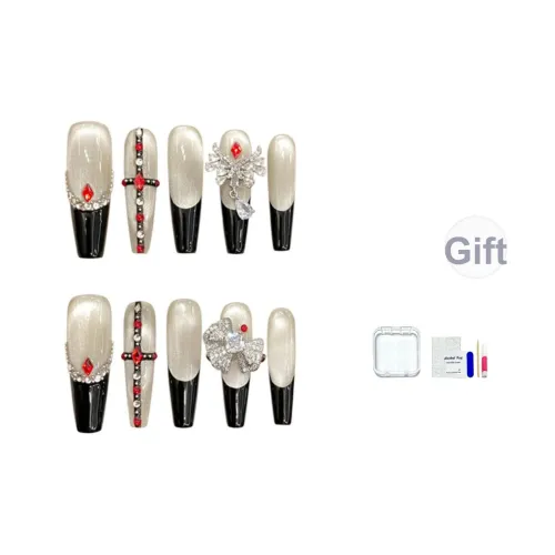 HUYONG Черный Французский Луковицы False Nail Длинный Стразы Украшенный Градиентный Кошачий глаз 20 мм