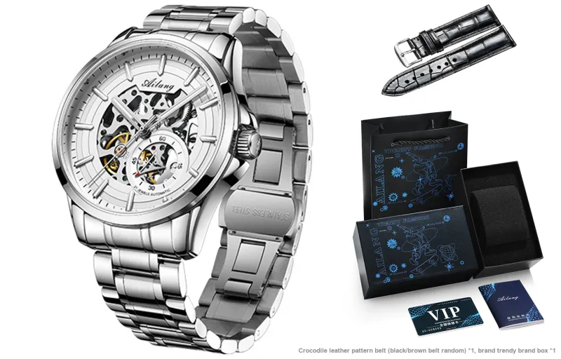 AILANG Automatic Mechanical Movement Genuine Leather Strap Watch Men's Watches White Dial-1