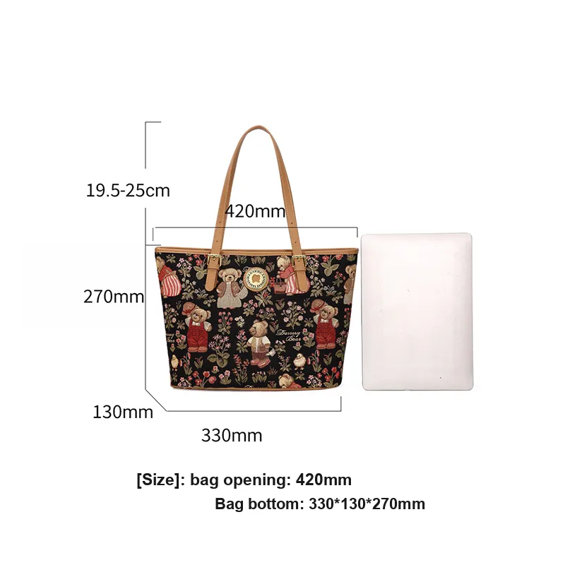 DANNYBEARJEANS Fabric Tote Bag, Shoulder Bag Women's Secret Garden Bear Black/Secret Garden Bear White-1