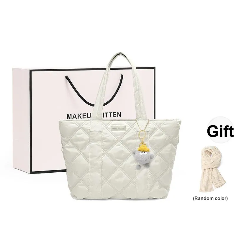 MAKEUP KITTEN Nylon Fabric Tote Bag Shoulder Bag Women's White