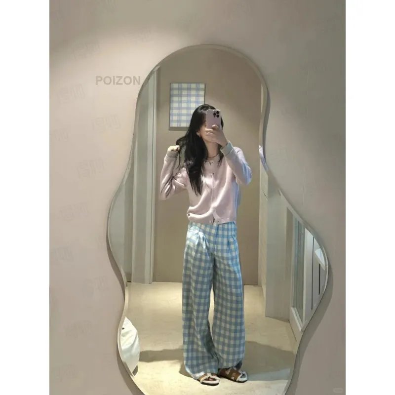 DOKZB Casual Pants Women's Blue Plaid-5