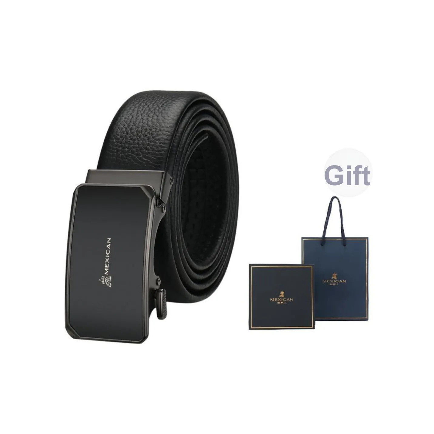 MEXICAN Mirror Finish Automatic Buckle, Inward Curling Hair Cow Leather Belts Men's 3.5cm Width