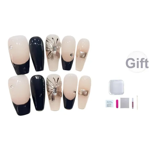 A Few More Cute Премиум Элегантность Ручная Рисованная Бабочка Французский Съемный False Nail Трапециоид Длинный Черный Телесный Сияние