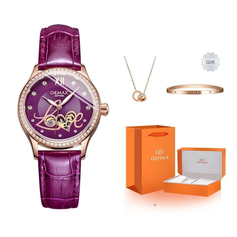GEMAX Wrist Watch Automatic Mechanical Movement Genuine Leather Strap Watch Women's Watch White Dial-6