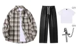 Coffee Shirt+Black Jeans (Comes with Short-Sleeved Shirt+Box Necklace)