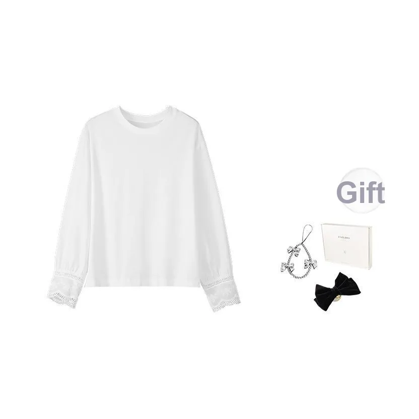 Fstudio Корейский стиль Маленький Круглый вырез Кружево с отделкой Коммутирование Пэчворк Топ Длинный рукав Т-рубашка Женская