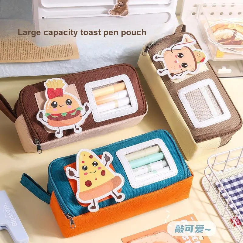 QIFEITU Large Capacity Niche Minimalist Stationery Bag Dopamine Contrast Toast Design Pencil Pouches & Cases-1