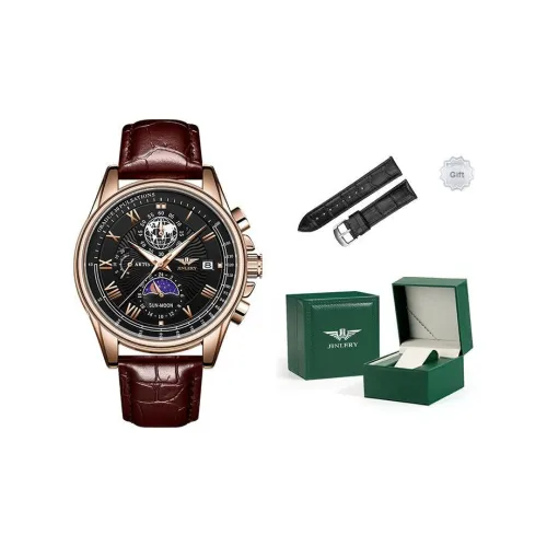 JINLERY Универсальный THREE Eye Six Needle Кварцевый механизм Естественная кожа Ремешок Часы Мужские Черный циферблат