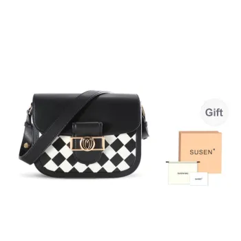 SUSEN Microfiber Synthetic Leather Saddle Bag Crossbody Shoulder Bag Women's Black White