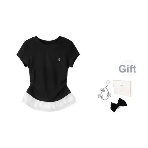 Fstudio Лето Корейский Преппи стиль Кружево Пэчворк Топ T Рубашка Женская