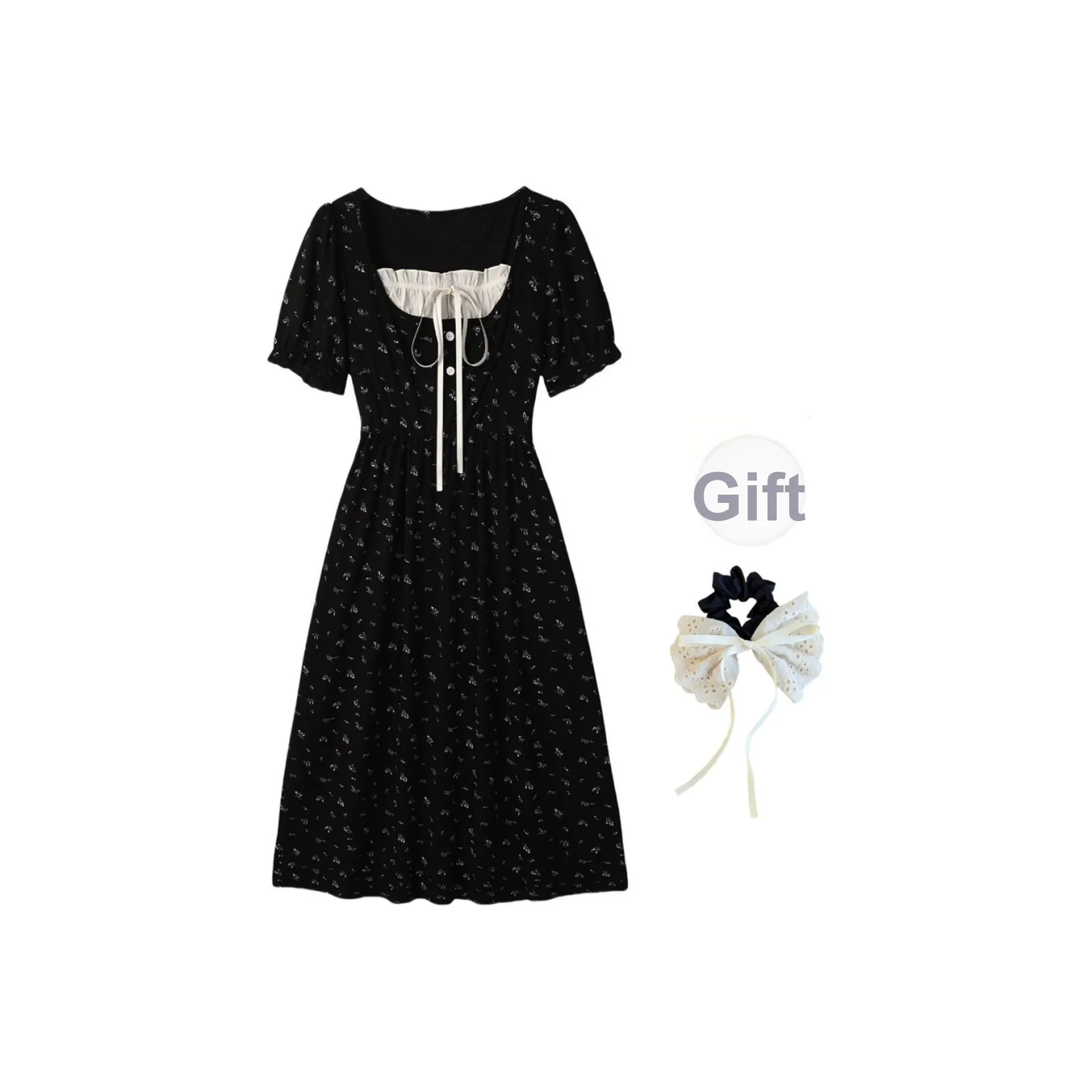 PAVEA Короткое платье с короткими рукавами женское черное + резинка для волос в комплекте с подарками