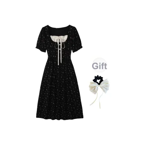 PAVEA Короткое платье с короткими рукавами женское черное + резинка для волос в комплекте с подарками